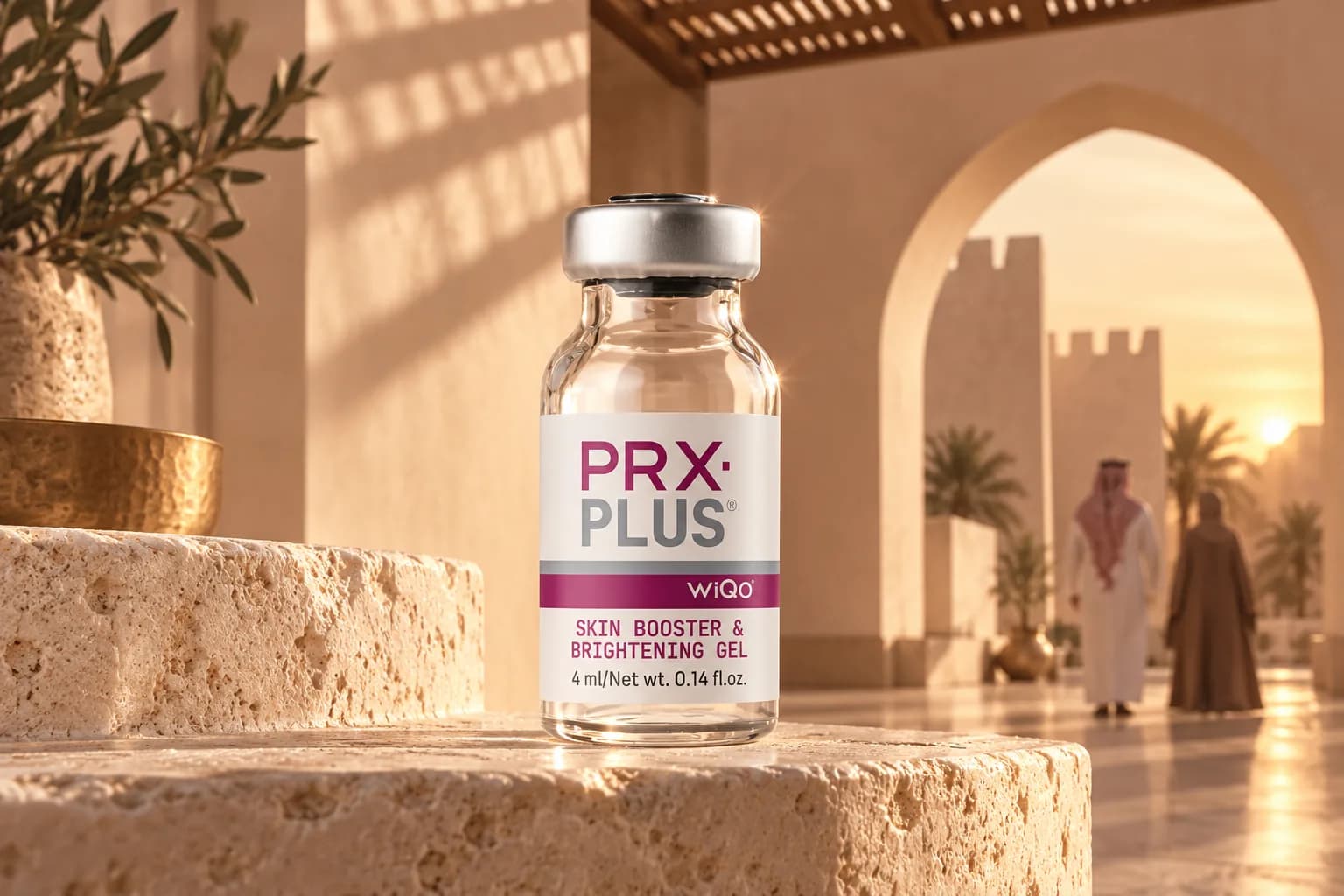 عبوة PRX-PLUS على حجر الترافرتين أمام فناء بطراز نجدي وقوس حجري في ضوء العصر